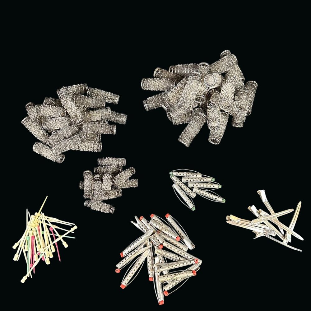 Vintage Lot 60 Wire Brush Mesh Bristle Hair Rollers Curler Metal Clips Perm Rods